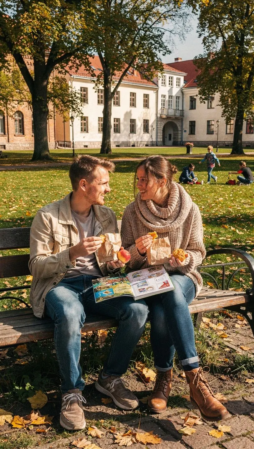 Rühm turiste järgib linna jalutusrada, kasutades füüsilist giidiraamatut ja kogudes templit.